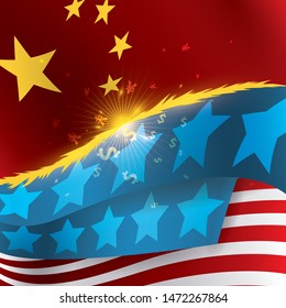 Clashing U.S.A. and China flags with fire in its edges and glows like money symbols due Trade War.