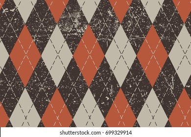 Clasic argyle aged pattern. Traditional diamond check seamless print in brown, red and ocher and grunge texture. Grunge vintage seamless background. 