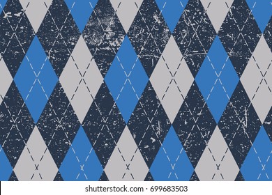 Clasic argyle aged pattern. Traditional diamond check seamless print grunge texture. Grunge vintage seamless background. 