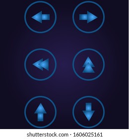 Clasic blue color arrows different in circle, icon, logo, sign with gradient on dark purple background for application, for game, for website vector