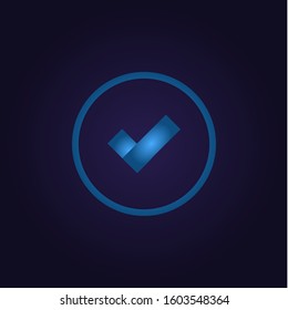 Clasic blue color tick, checklist in circle, icon, logo, sign with gradient on dark purple background for application, for game, for website vector