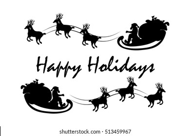 Clasic Christmas greeting blank. Santa with his deers fly in the sky