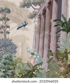 Clasical Greek Garden Mural Ilustration, Peacock, Greek Structure. 