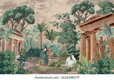 Clasical ROman Garden Illustration, Roman Arch, Peacock, Birds, Roman Garden Wall Mural.