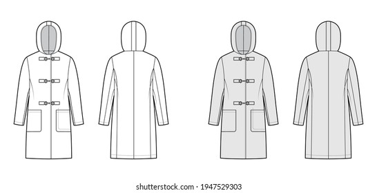 Clasp coat technical fashion illustration with long sleeves, hood, oversized body, patch pockets, knee length. Flat jacket template front, back, white, grey color style. Women, men, unisex CAD mockup