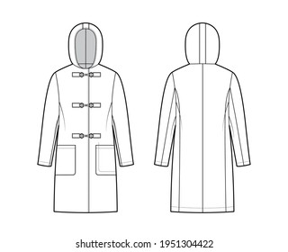 Clasp coat technical fashion illustration and long sleeves  hood  oversized body  patch pockets  knee length  Flat jacket template front  back  white color style  Women  men  unisex top CAD mockup