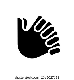 Clasped hands black glyph icon. Crossed fingers. Body language signal. Closed pose. Emotional problem. Silhouette symbol on white space. Solid pictogram. Vector isolated illustration