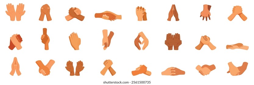 Clasped hands icons set. Collection of hands demonstrating various gestures, symbolizing unity, collaboration, and understanding