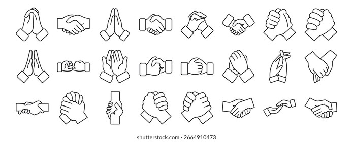  Clasped hands icons set. Line art icons represent diverse hand gestures, symbolizing prayer, agreement, greeting, and collaboration