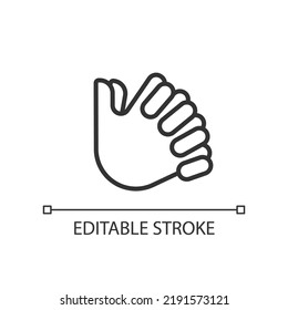 Clasped Hands Pixel Perfect Linear Icon. Crossed Fingers. Body Language Signal. Closed Pose. Thin Line Illustration. Contour Symbol. Vector Outline Drawing. Editable Stroke. Arial Font Used