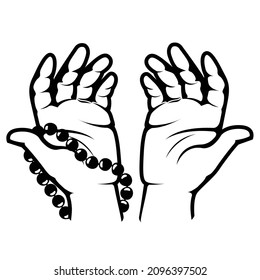 Clasped hands in prayer, hand palms with beads, namaz or Ramadan Muslim pray, vector