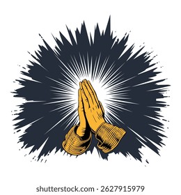 Clasped hands in prayer, illuminated by radiating light against a dark burst background.