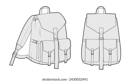 Clasp-fastening Front Flap backpack silhouette bag. Fashion accessory technical illustration. Vector schoolbag front 3-4 view for Men, women, unisex style, flat handbag CAD mockup sketch isolated