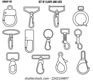 CLASPS, ACCESSSORIES FASTNERS  BAGS FASTNERS, BACKPACK FASTNERS AND LOCK FLAT SKETCH VECTOR ILLUSTRATION SET
