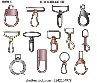 CLASPS, ACCESSSORIES FASTNERS  BAGS FASTNERS, BACKPACK FASTNERS AND LOCK FLAT SKETCH VECTOR ILLUSTRATION SET