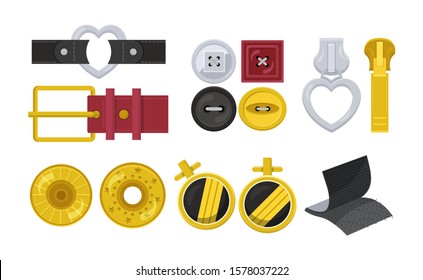 Clasps design elements flat set isolated on white. Carabiner, hook or snap for bag, belt. Buckle leather, tabs, straps. Cufflinks, buttons different shapes and materials. Vector cartoon illustration