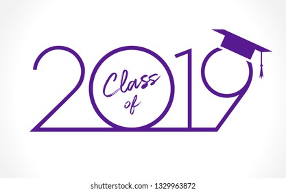 Class of 20 19 year graduation banner, awards concept. T-shirt idea, holiday blue and violet invitation embem in minimalism style. Isolated abstract graphic design template on white background.