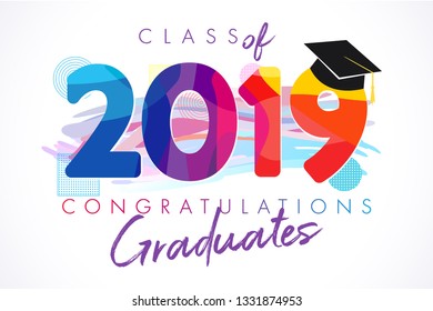 Class of 20 19 year graduation banner, awards concept. T-shirt idea, holiday coloured invitation card, bright embem. Isolated numbers, abstract graphic design template, brush strokes white background