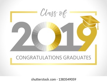 Class of 20 19 year graduation banner, awards concept. T-shirt idea, holiday coloured invitation card, bright embem. Isolated numbers, abstract graphic design template, brush letters, white background