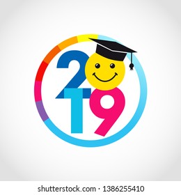 Class of 20 19 year graduation banner, awards concept. Medal colorful idea, holiday coloured invitation emblem. Isolated numbers, abstract graphic design template, emoticon face on white background.