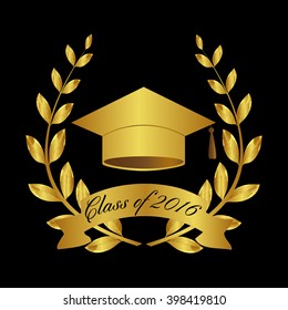 Class of 2016. Education symbol. Graduate hat. Laurel wreath. 