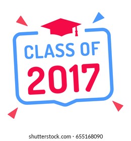 Class of 2017. Badge with graduation hat icon. Flat vector illustration on white background.