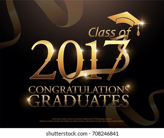 Class of 2017 Congratulations Graduates  gold text with red ribbons on dark background