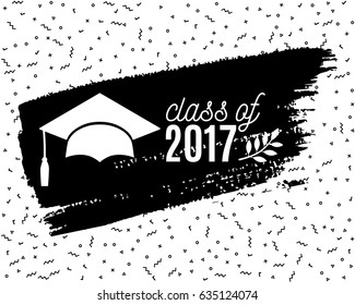 Class of 2017 graduate greeting card with hat, laurel and ink brush stroke on Memphis style background for invitation, banner, poster, postcard. Vector graduation template