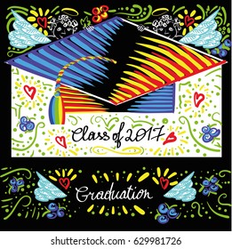 Class of 2017 Graduation lettering with graduation hat and other hand drawn elements over back background. Template for greeting cards, leaflets, posters, flyers, brochure and websites