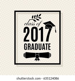 Class of 2017 graduation poster with hat, scroll and laurel on seamless triangle background for invitation, banner, greeting card, postcard. Vector graduate template