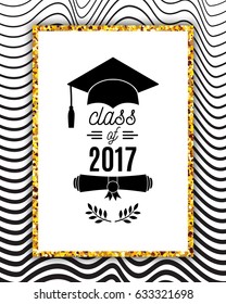 Class of 2017 greeting card with hat, scroll and laurel on waves background for invitation, banner, poster, postcard. Vector graduate template