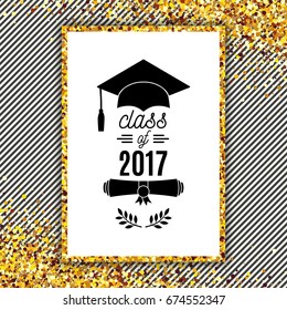 Class of 2017 greeting card with hat, scroll and laurel on stripe background for invitation, banner, poster, postcard. Vector graduate template