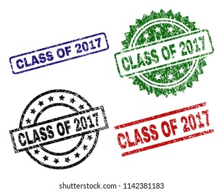 CLASS OF 2017 seal prints with corroded texture. Black, green,red,blue vector rubber prints of CLASS OF 2017 label with unclean texture. Rubber seals with circle, rectangle, medallion shapes.