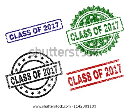 CLASS OF 2017 seal prints with corroded texture. Black, green,red,blue vector rubber prints of CLASS OF 2017 label with unclean texture. Rubber seals with circle, rectangle, medallion shapes.