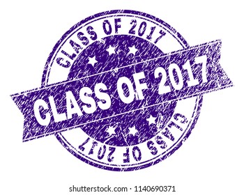 CLASS OF 2017 stamp seal imprint with grunge texture. Designed with ribbon and circles. Violet vector rubber print of CLASS OF 2017 tag with dirty texture.