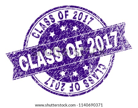 CLASS OF 2017 stamp seal imprint with grunge texture. Designed with ribbon and circles. Violet vector rubber print of CLASS OF 2017 tag with dirty texture.
