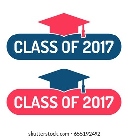 Class of 2017. Two badges with graduation hat icon. Flat vector illustration on white background