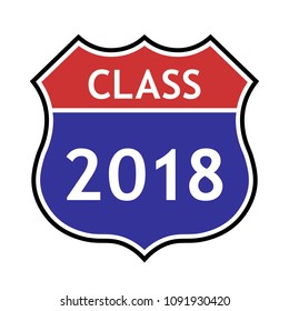 Class 2018 colored shield sign with text, vector illustration.