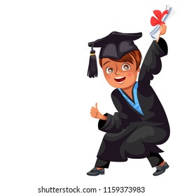 Class of 2018 congrats colorful flat poster with happy cheerful graduate in gown and cap vector illustration. Smiling boy holding diploma in hand and showing thumb up sign. Graduation day concept.