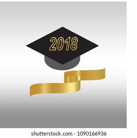Class of 2018 Congratulations Graduate, vector illustration. Graduation Banner with hat and golden  silk ribbon