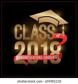 Class of 2018 Congratulations Graduates  gold text with red ribbons on dark background