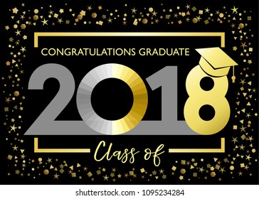 Class of 2018, congratulations graduating golden glitter card. Class of 2018 graduate vector illustration graphics for decoration with golden and silver colored for design cards, invitations or banner