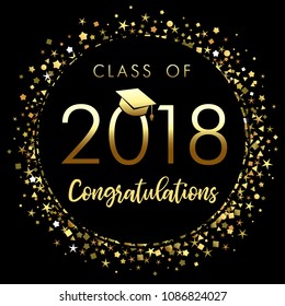 Class of 2018 graduation poster with gold glitter confetti. Class of 2018 congratulations design graphics for decoration with golden colored for design cards, invitations or banner