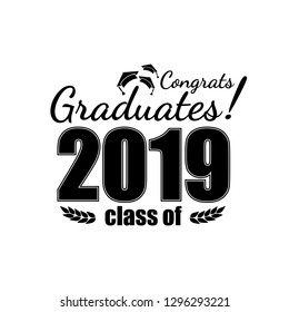 Class of 2019. Black number with education academic caps and laurel wreath. Template for graduation design, high school or college congratulation graduate, yearbook. Vector illustration.
