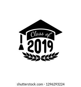 Class of 2019. Black number with education academic caps and laurel wreath. Template for graduation design, high school or college congratulation graduate, yearbook. Vector illustration.