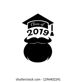 Class of 2019. Black number with education academic caps and big beard men. Template for graduation design, high school or college congratulation graduate, yearbook. Vector illustration.