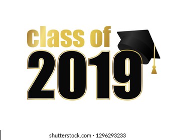 Class of 2019. Black number with gold  stroke and dark education academic cap. Template for graduation design frame, high school or college congratulation graduate, yearbook. Vector illustration.