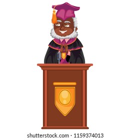 Class of 2019 congrats flat colorful poster with afro-american teacher standing in gown and cap.