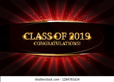 Class of 2019 Congratulations Graduates gold text with golden ribbons on dark background. Vector illustration