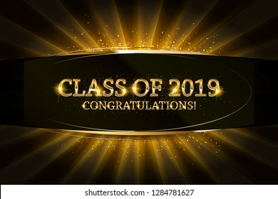 Class of 2019 Congratulations Graduates gold text with golden ribbons on dark background. Vector illustration